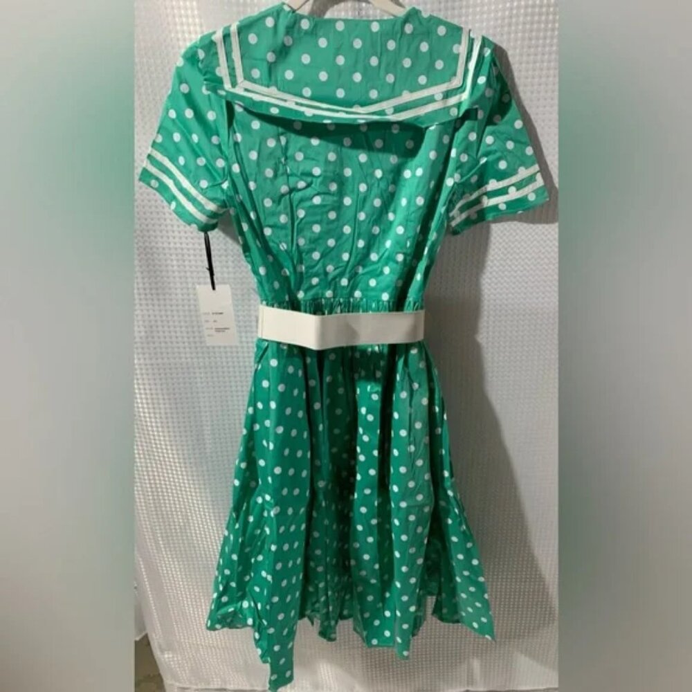 NWT S 4 Unique Vintage Seafoam & White Polka Dot Bow & Belted Sailor Swing Dress - Picture 2 of 8